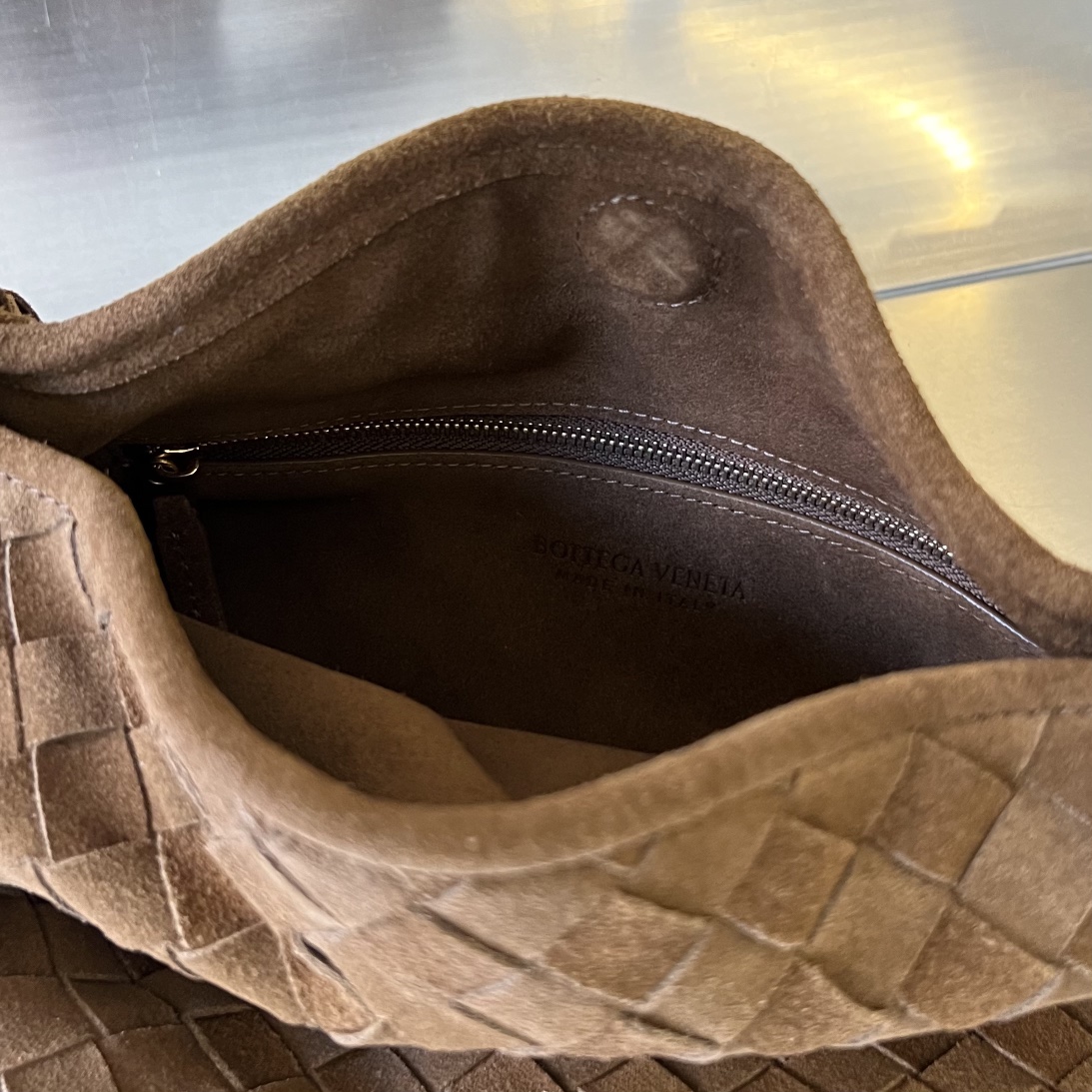 Small Hop Intrecciato Suede Leather Shoulder Bag Brown